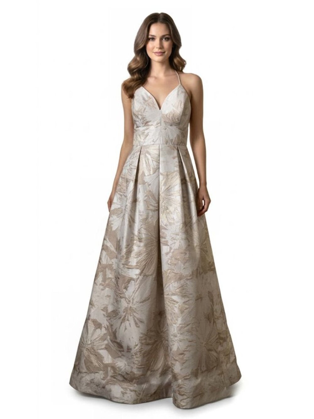 Eliza J Evening Floral Jacquard Evening Gown, Tan/ Beige/ White Size 12